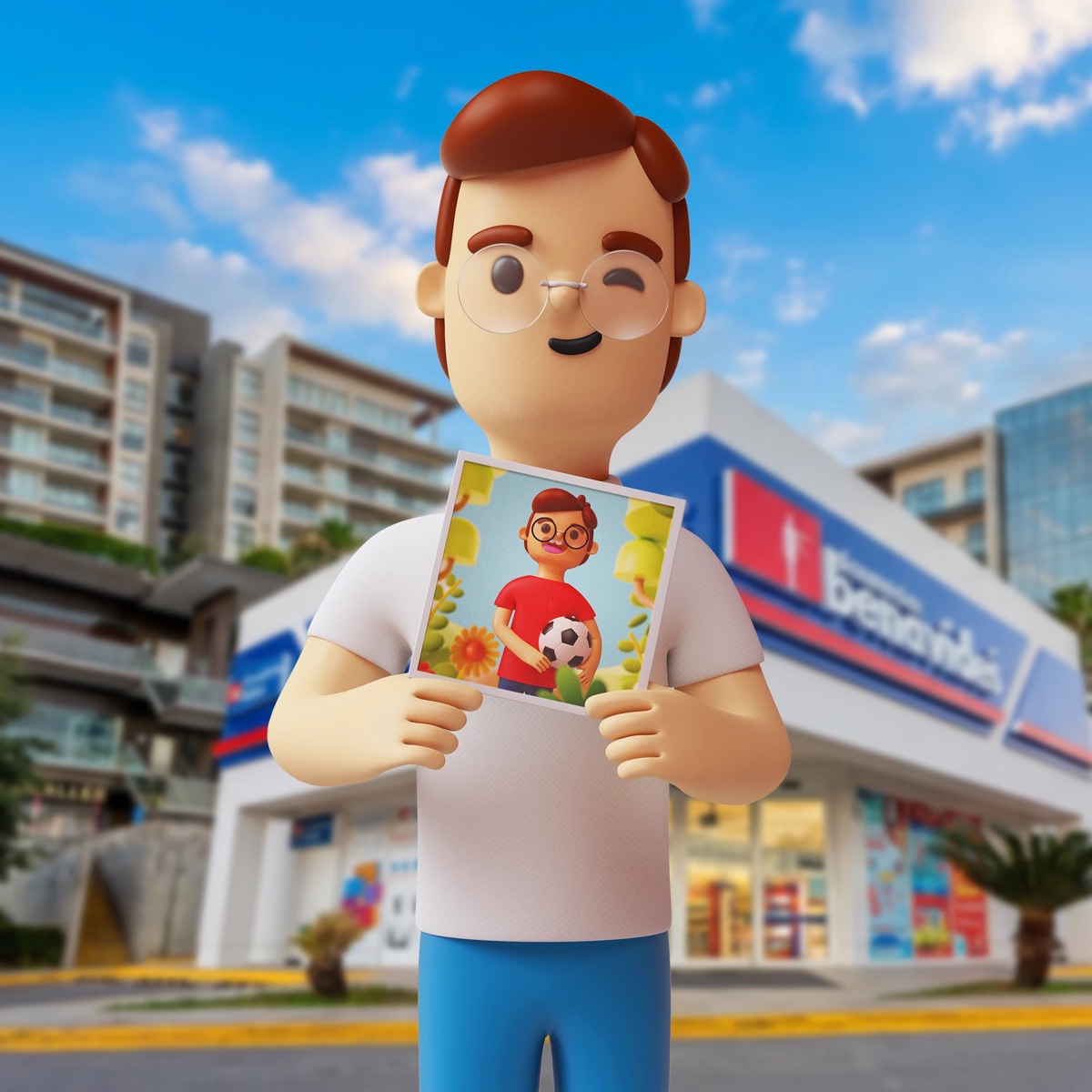 Farmacias Benavides campaign character in front of a store