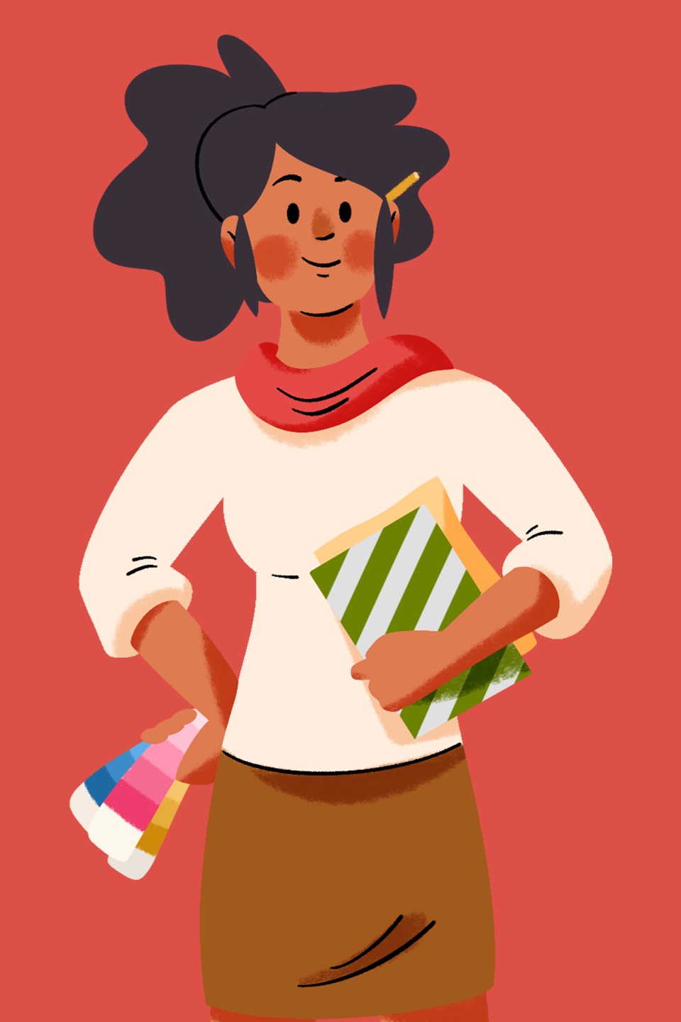 Character: a designer holding color swatches and a notebook