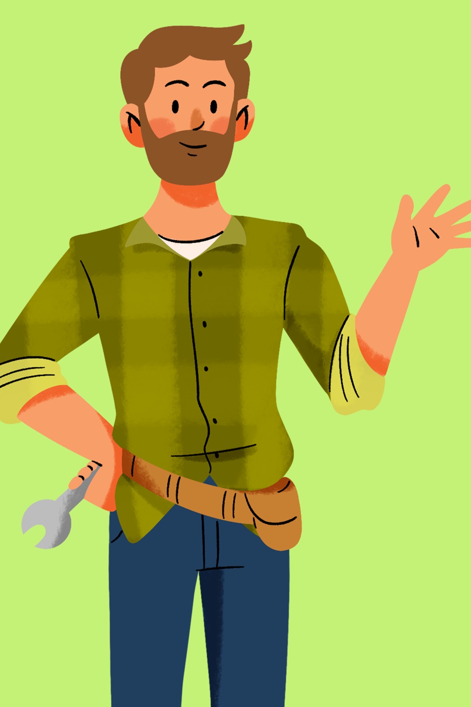 Character: a builder with a wrench and a tool belt, waving