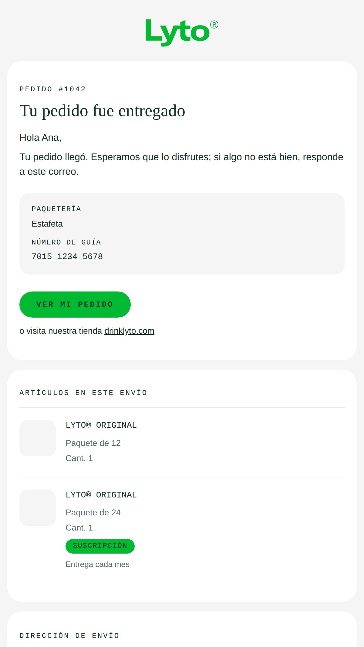 Order delivered email