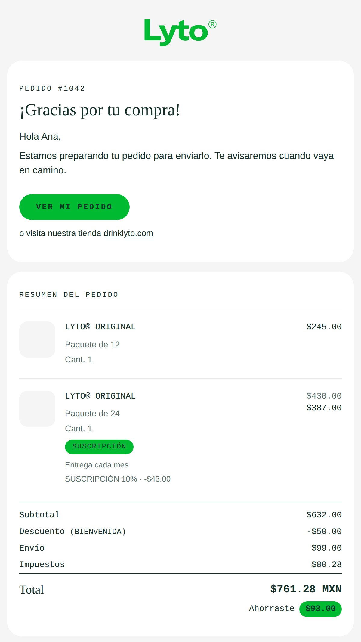 Order confirmation email