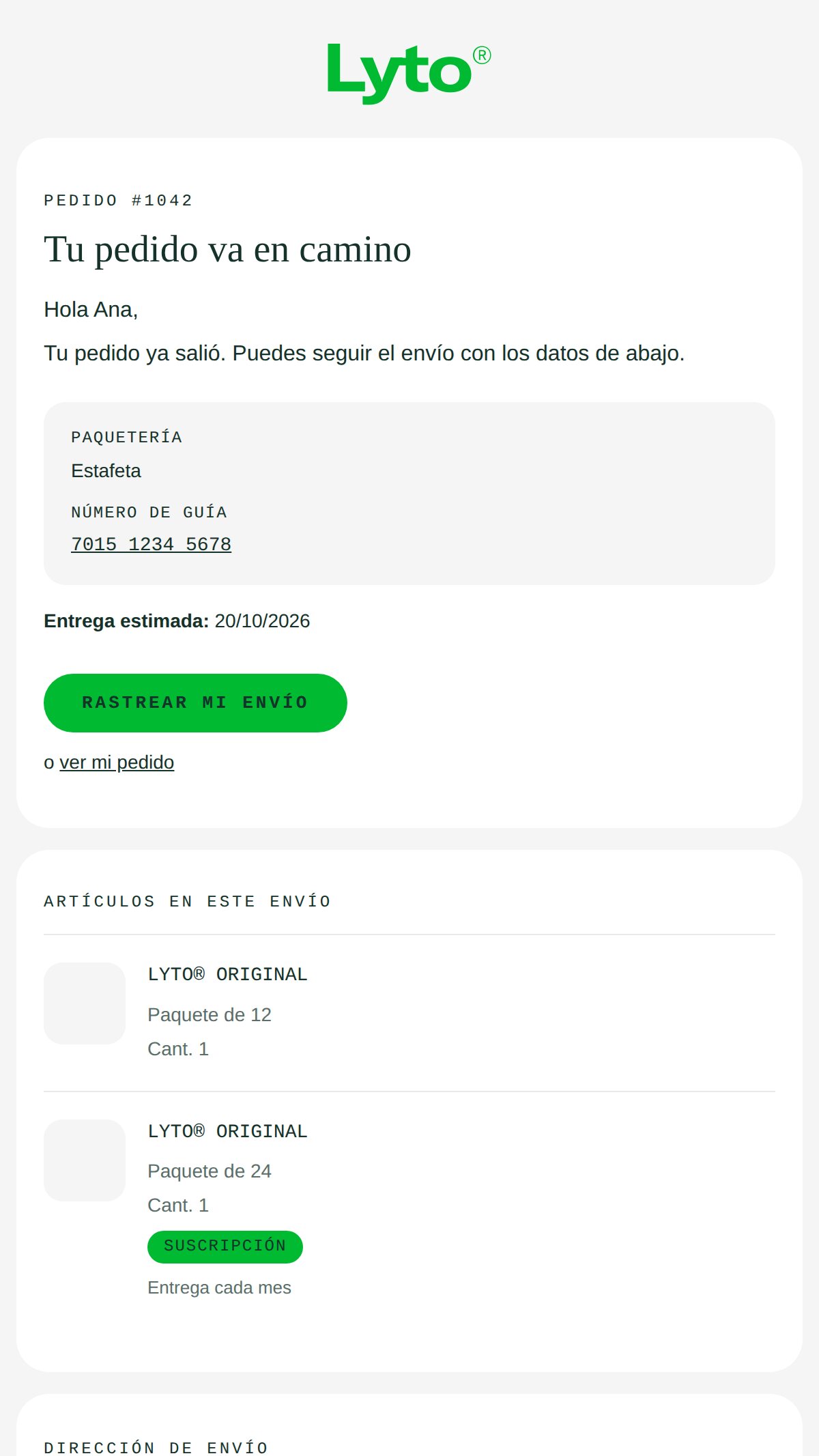 Shipping confirmation email