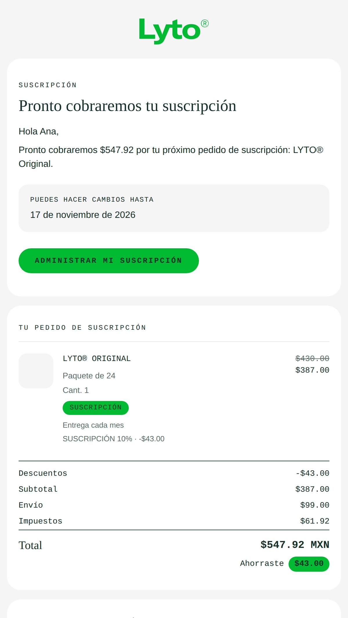 Subscription payment reminder email