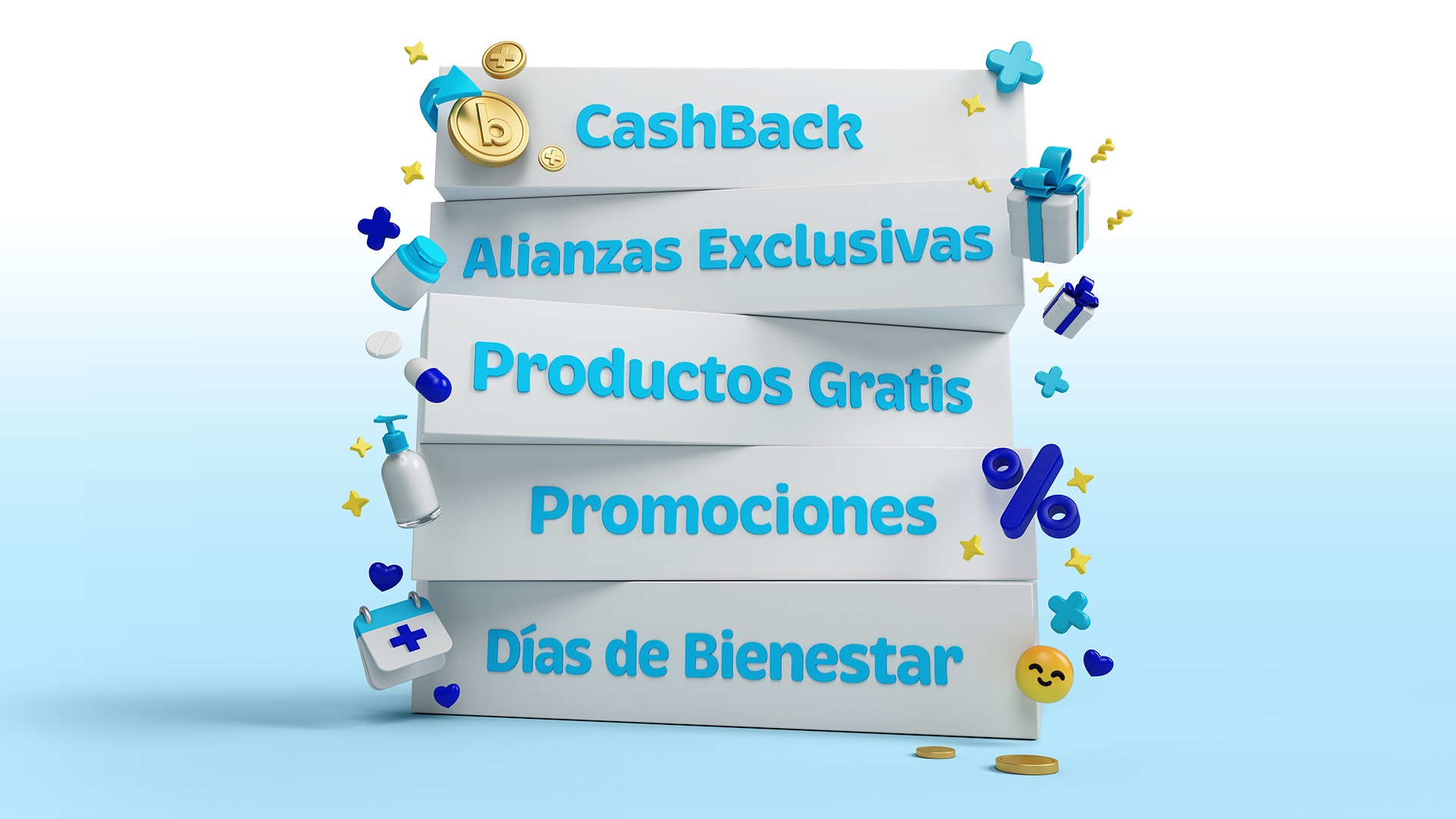 Benavides Conmigo master graphic with the five benefits stacked as 3D blocks
