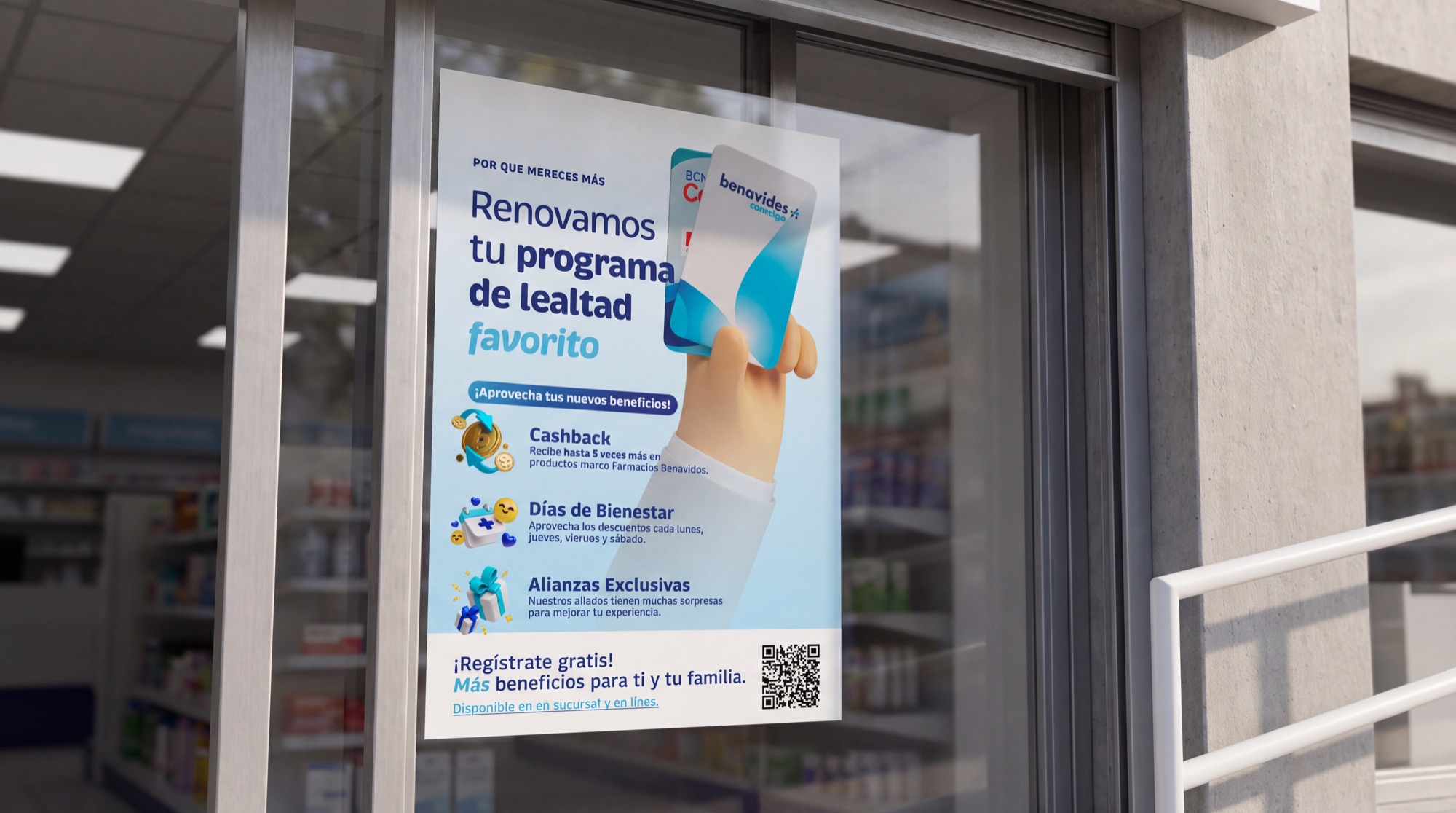Window sign with the program's benefits on a store door