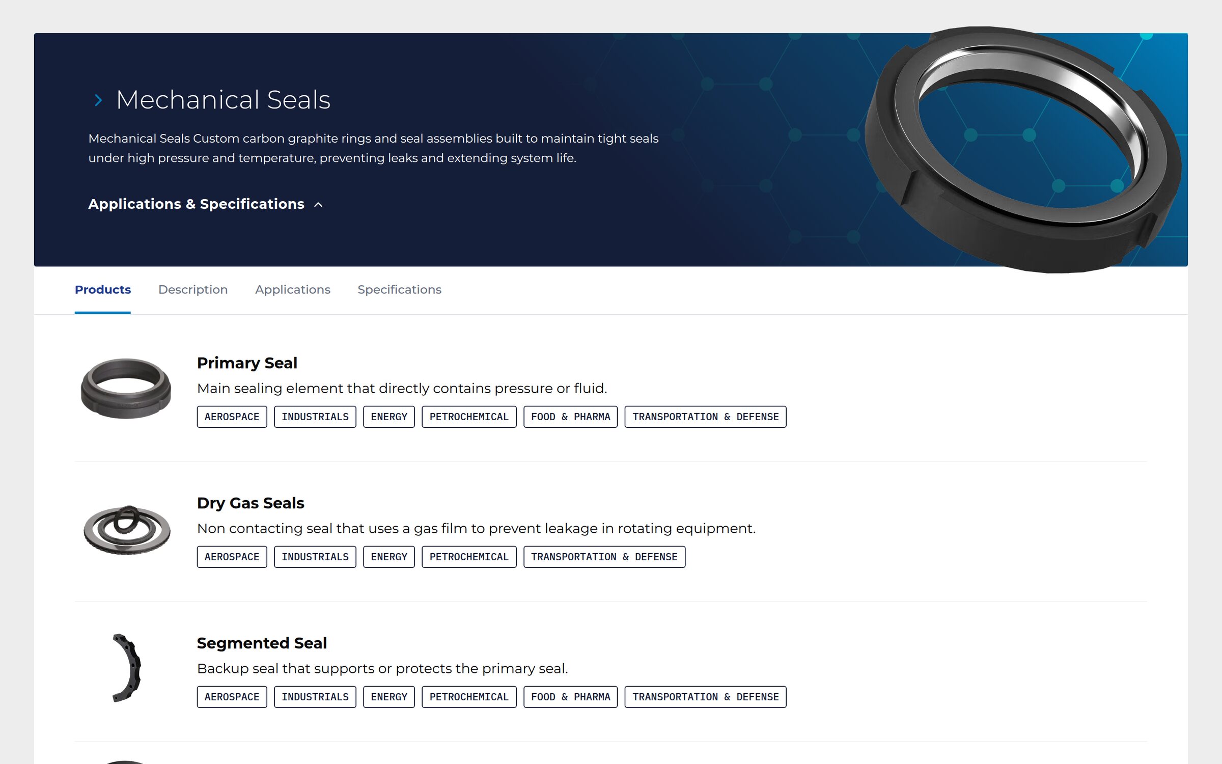Mechanical seals: the product line, its applications and specifications