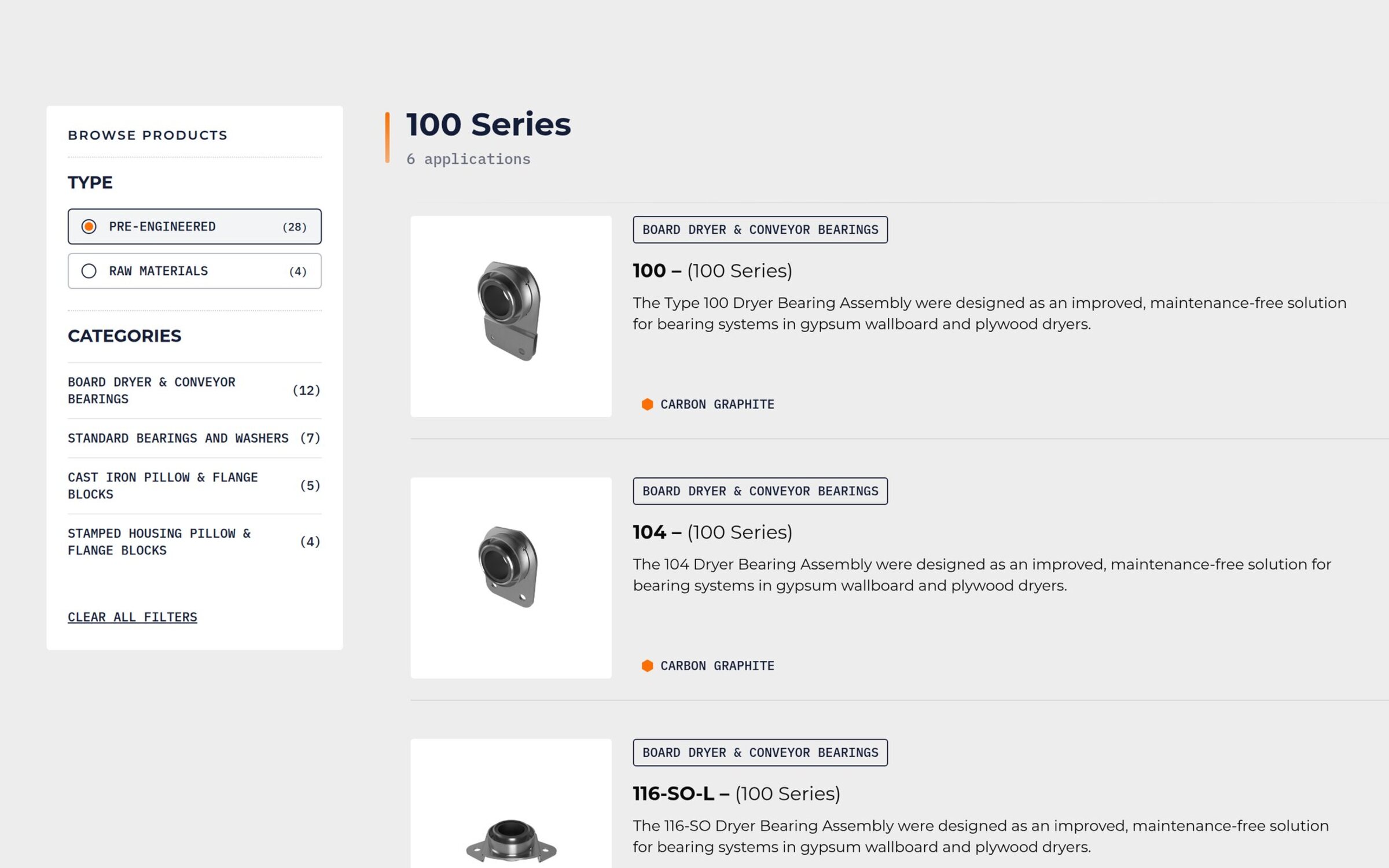 The pre-engineered catalog, filtered by type and category