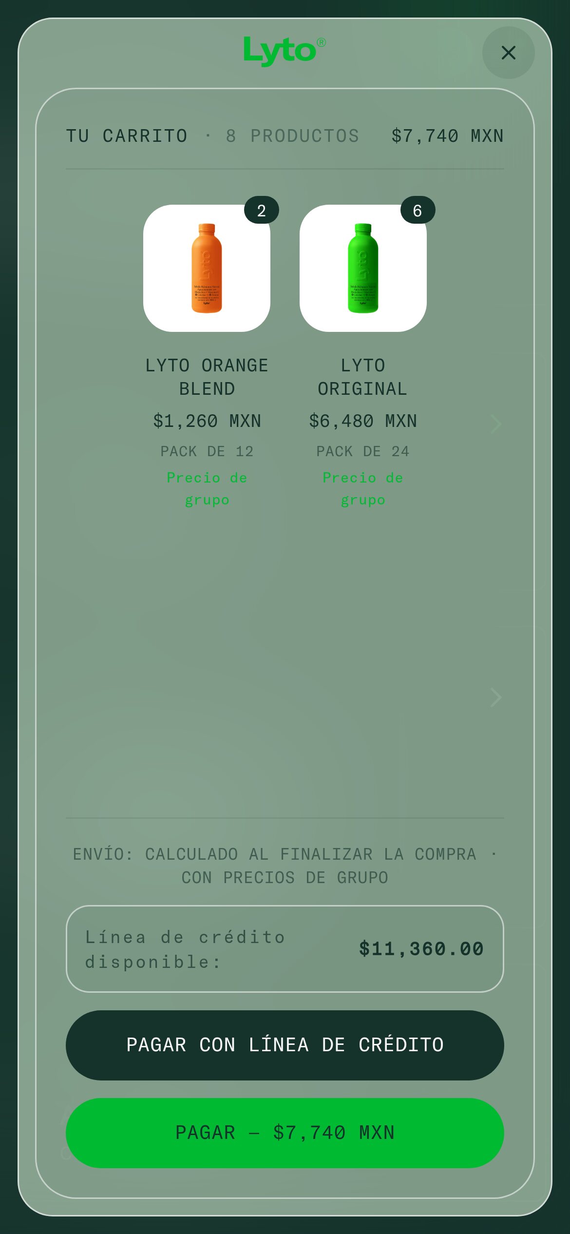 Cart at the partner's group price, paid with the credit line