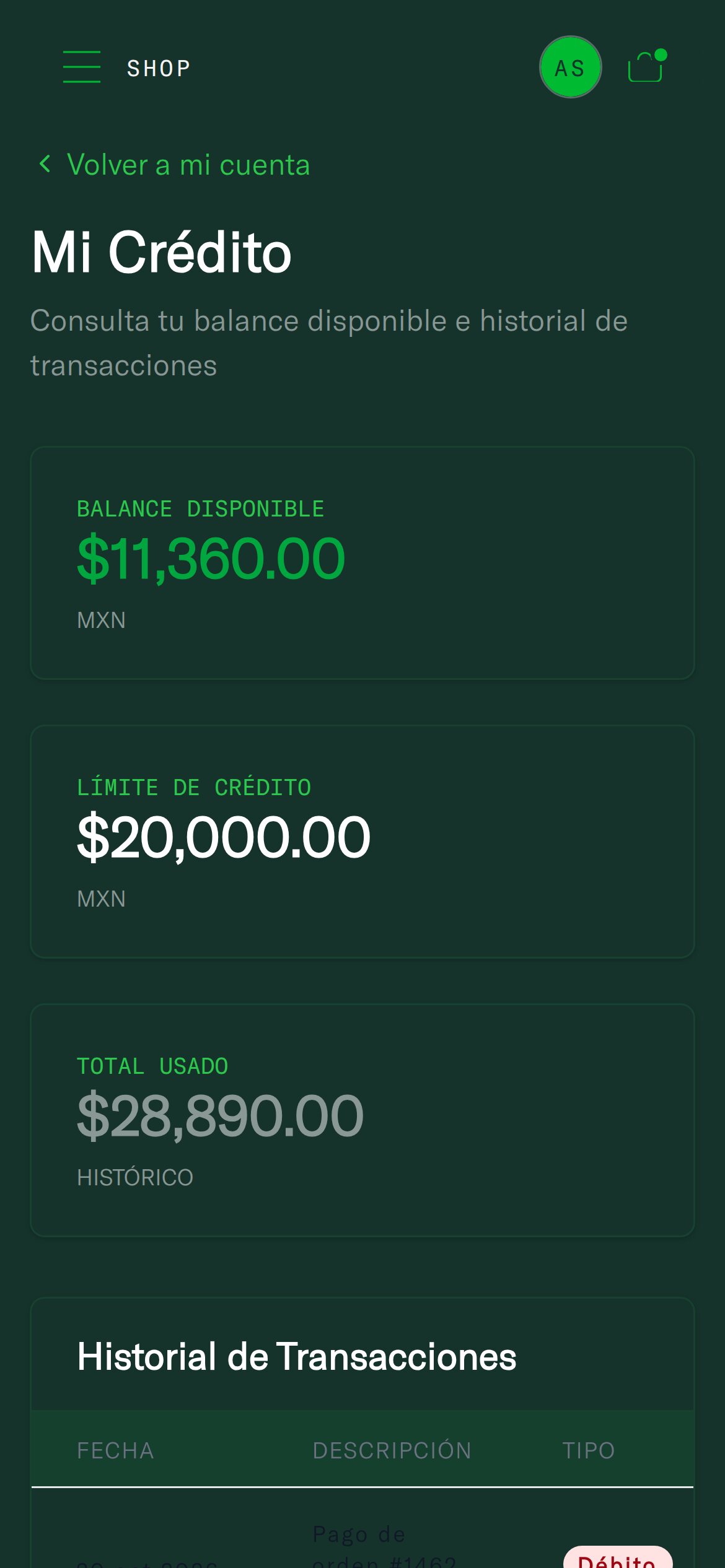 Partner credit: balance, limit and transactions