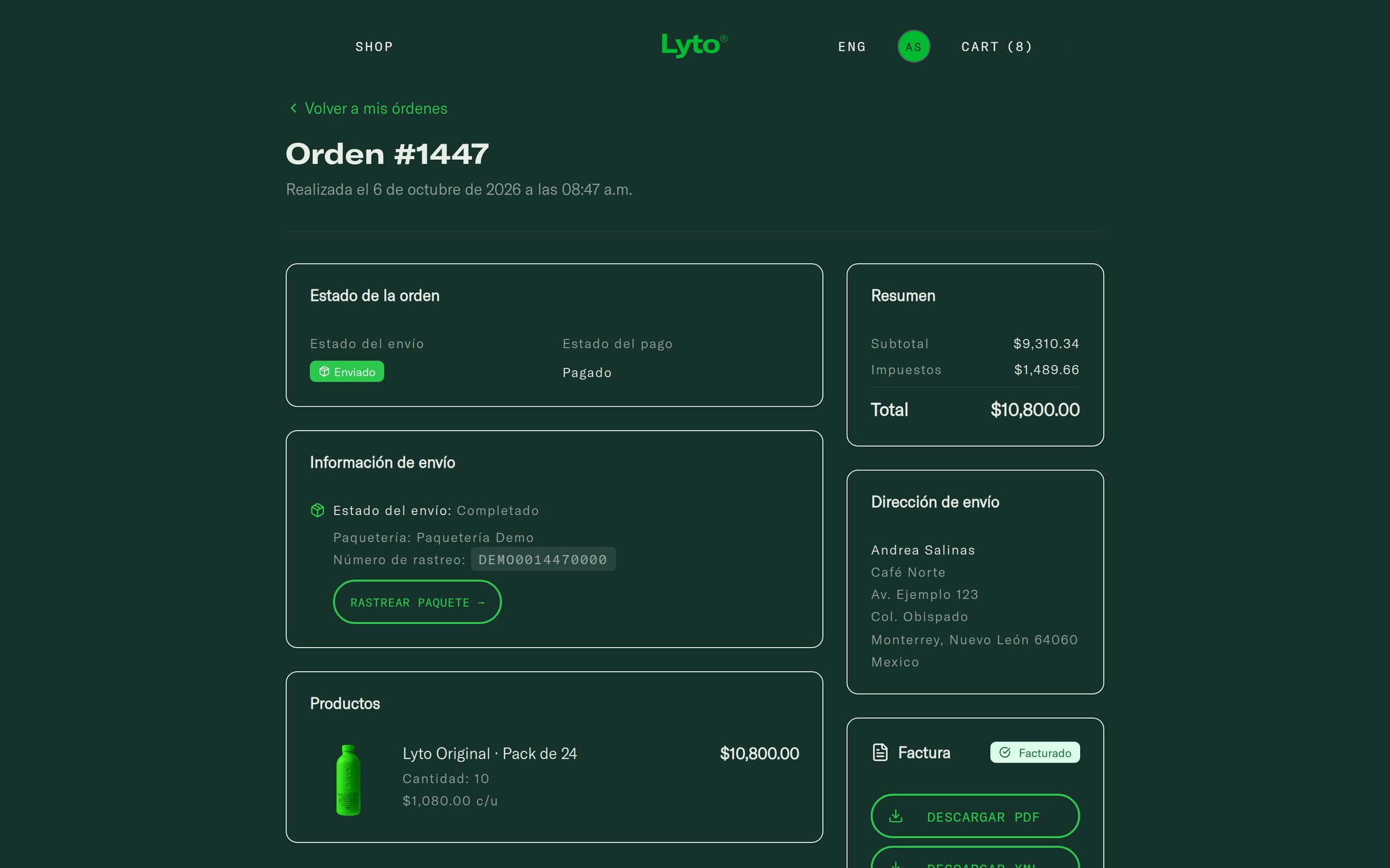 An order with its invoice ready to download as PDF and XML